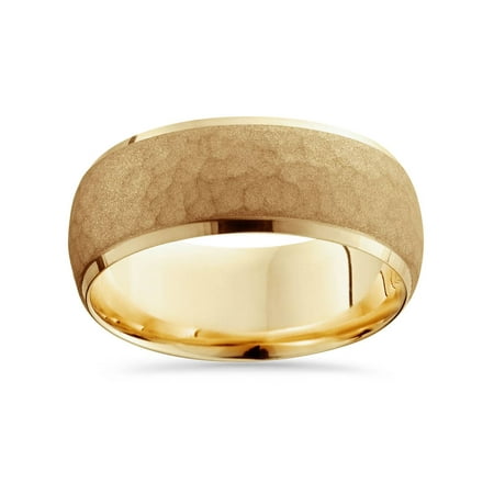 14k Goldmans Wedding Band - Mens 14K Yellow Gold 7MM Hammered Bevel Comfort Wedding Ring Band
