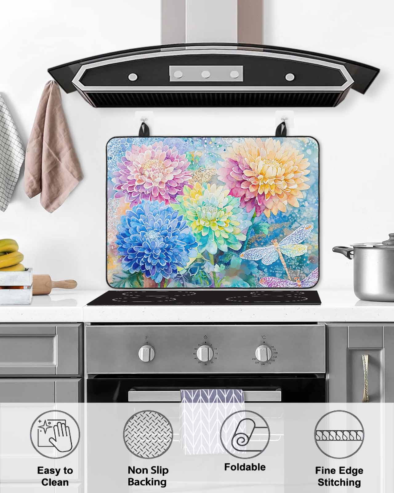 nqOlkjepod Large Induction Cooktop Protector Mat 36"x21", Blue Yellow Spring Floral Stove Top Covers for Electric Stove, Watercolor Summer Botanical Stove Burner Cover Mats, Glass Top Stove Cover