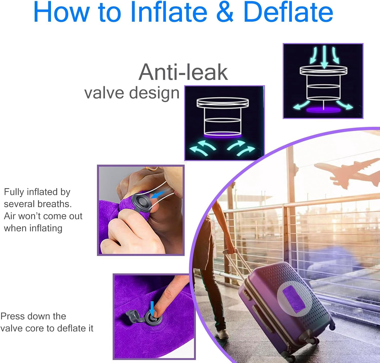 Inflatable Wedge Pillow for Traveling, Lightweight Wedge Pillow for Acid Reflux Relief, Portable Pillow Wedges for Sleeping, Blow Up Travel Pillow for Camping, Back Lumbar Support, Purple