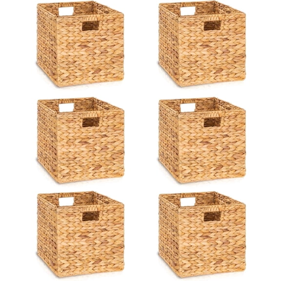 10.6x10.6in Wicker Storage Baskets (Fits Cubbies with 11.25" Inner Openings) - Handwoven Water Hyacinth Foldable Cube Bins for Shelves, Closets & Organizers