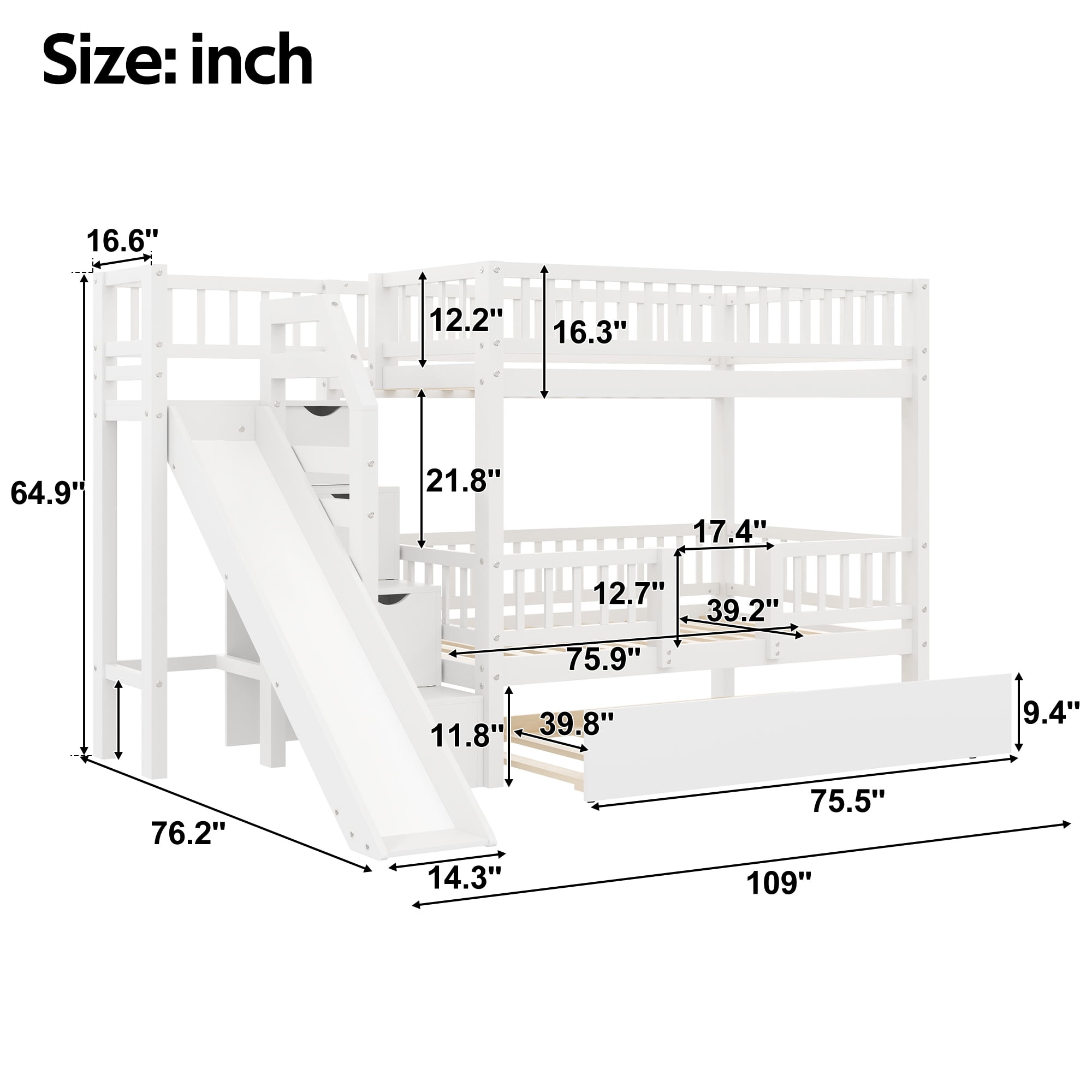 Euroco Wood Twin over Twin Bunk Bed with Trundle, 3 Beds in 1 with Storage Staircase and Slide, No Box Spring Needed, White