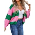 thumbnail image 2 of Womens 2025 Long Sleeve Fall Cropped Cardigan Sweaters Color Block Open Front Casual Loose Knit Outwear Pink XL, 2 of 9
