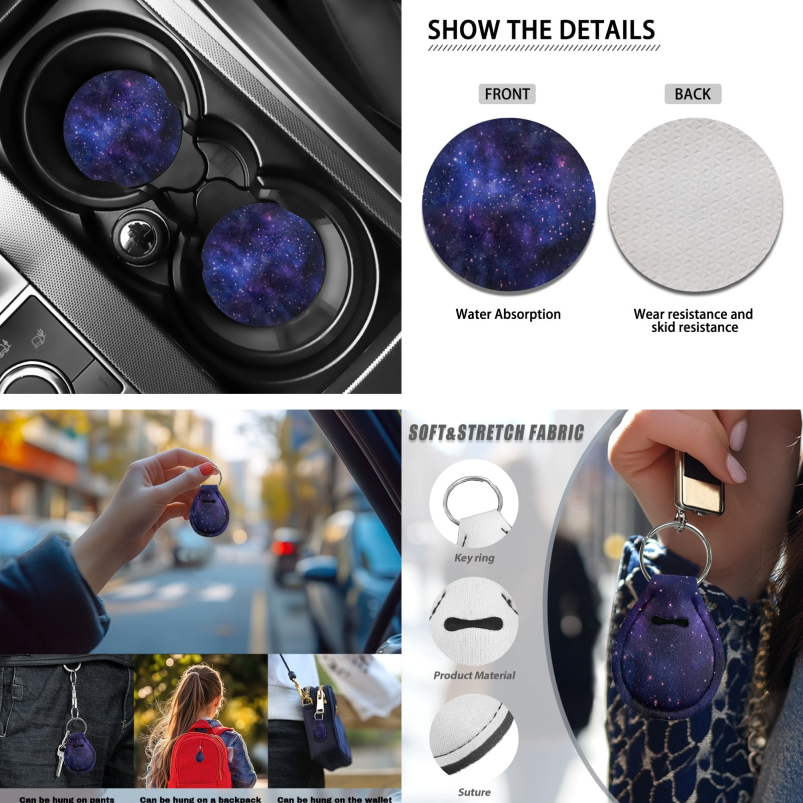 Yuyamidu 13 PCS Car Seat Covers and Steering Wheel Cover Galaxy Seatbelt Strap Pad Starry Sky Auto Armrest Cover Cushion Lip Balm Pouch Key Ring Cup Coasters
