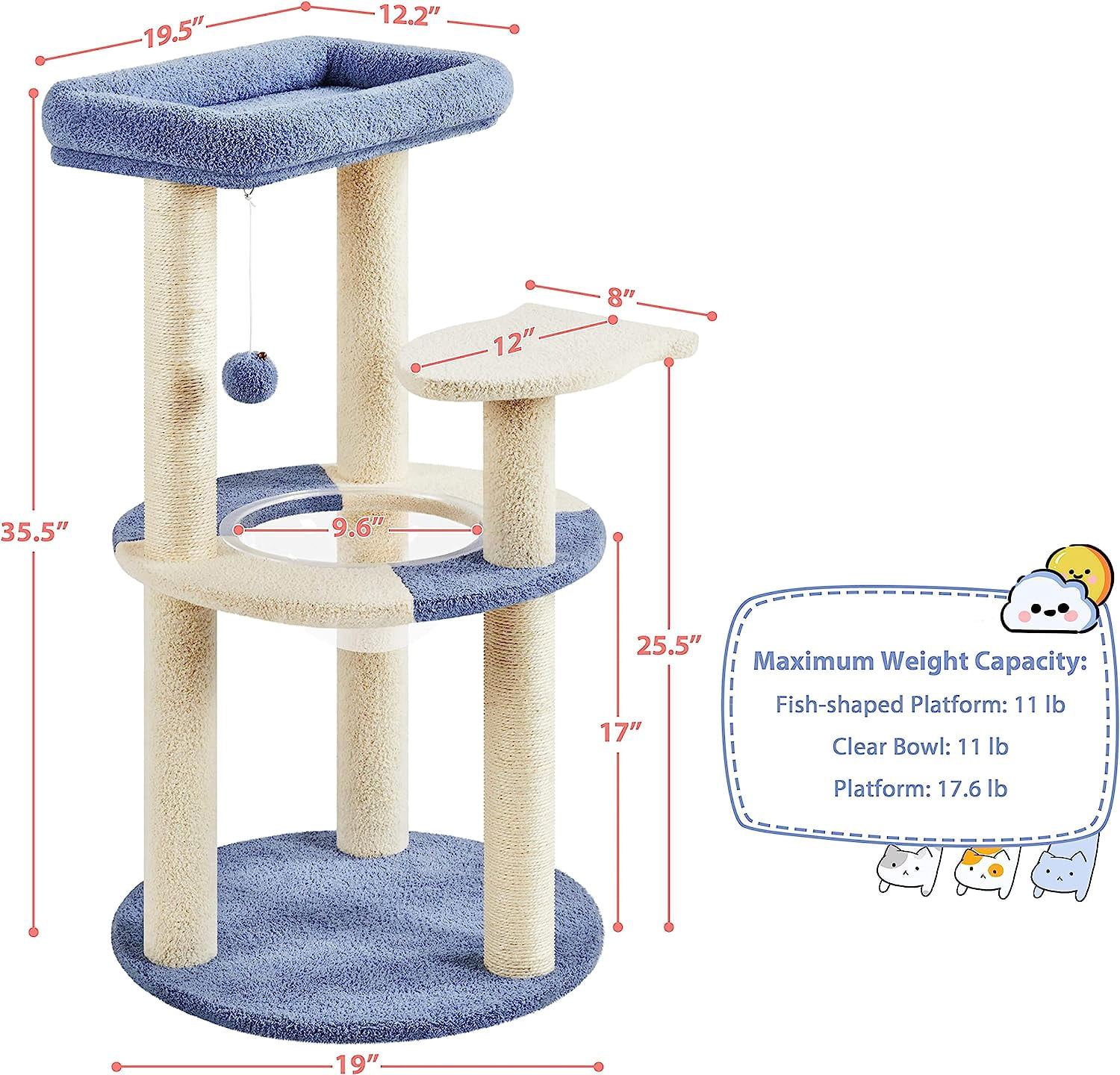 LEHOME Cat Scratching Posts with Cat Bed, 35in Cat Scratcher with 2 Scratching Posts for Indoor Cats, Sisal Scratch Posts with Replaceable Ball for Kittens Adults Cats