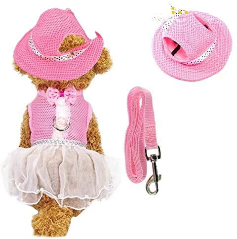 Cute Sweet Pink and White Dog Cat Pet Mesh Vest Harness with Artificial Pearls Short Skirt Tutu Dress and Leash Set for Dogs Cats Puppy Kitten
