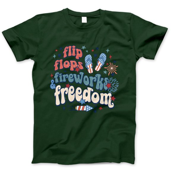 Flip Flops Fireworks and Freedom T-Shirt – Fun Patriotic 4th of July Tee with Red White Blue Graphic – Summer USA Shirt for Women, Teens, Family BBQs & Firework Nights