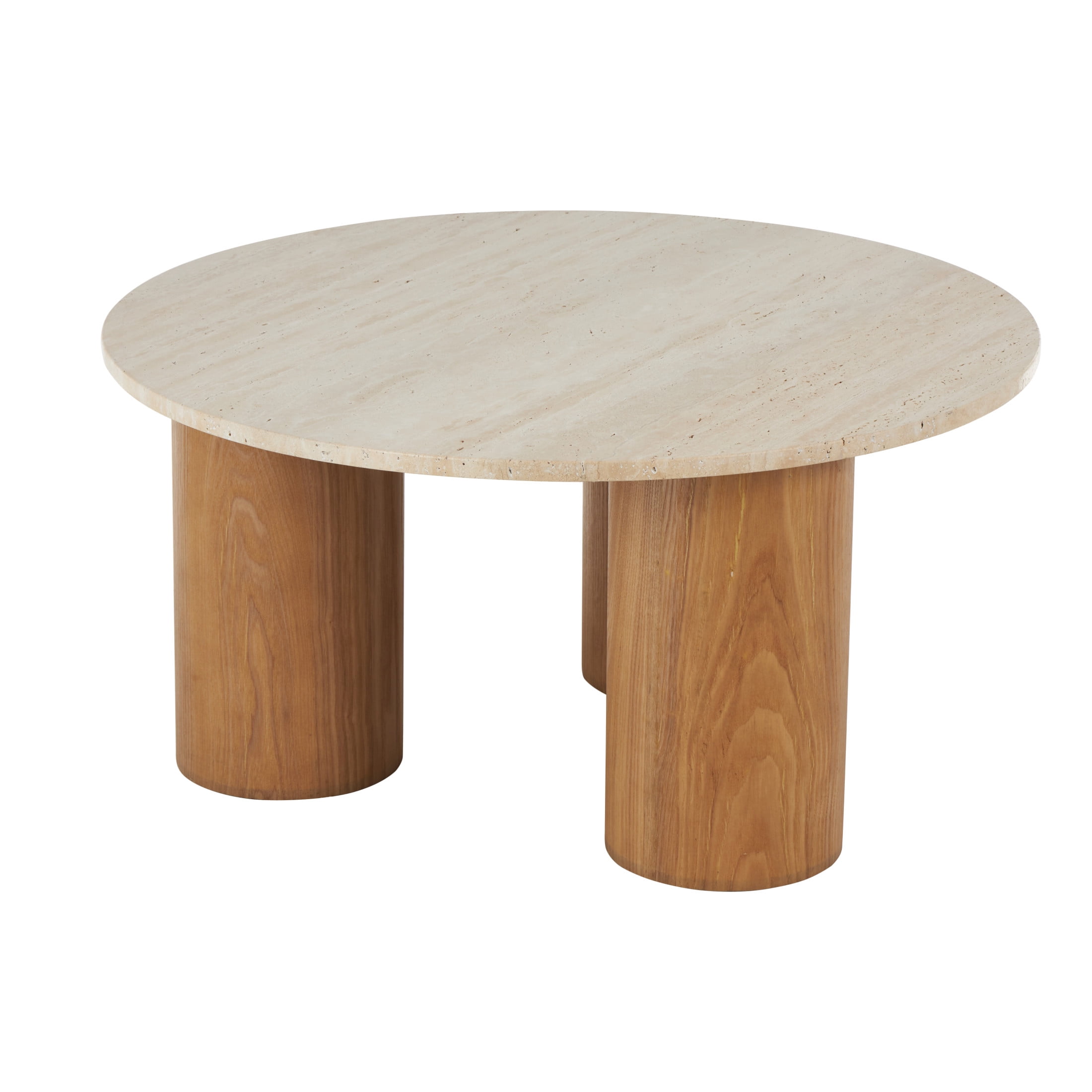 DecMode 32" x 16" Brown Wood Coffee Table with Beige Round Marble Top, 1-Piece