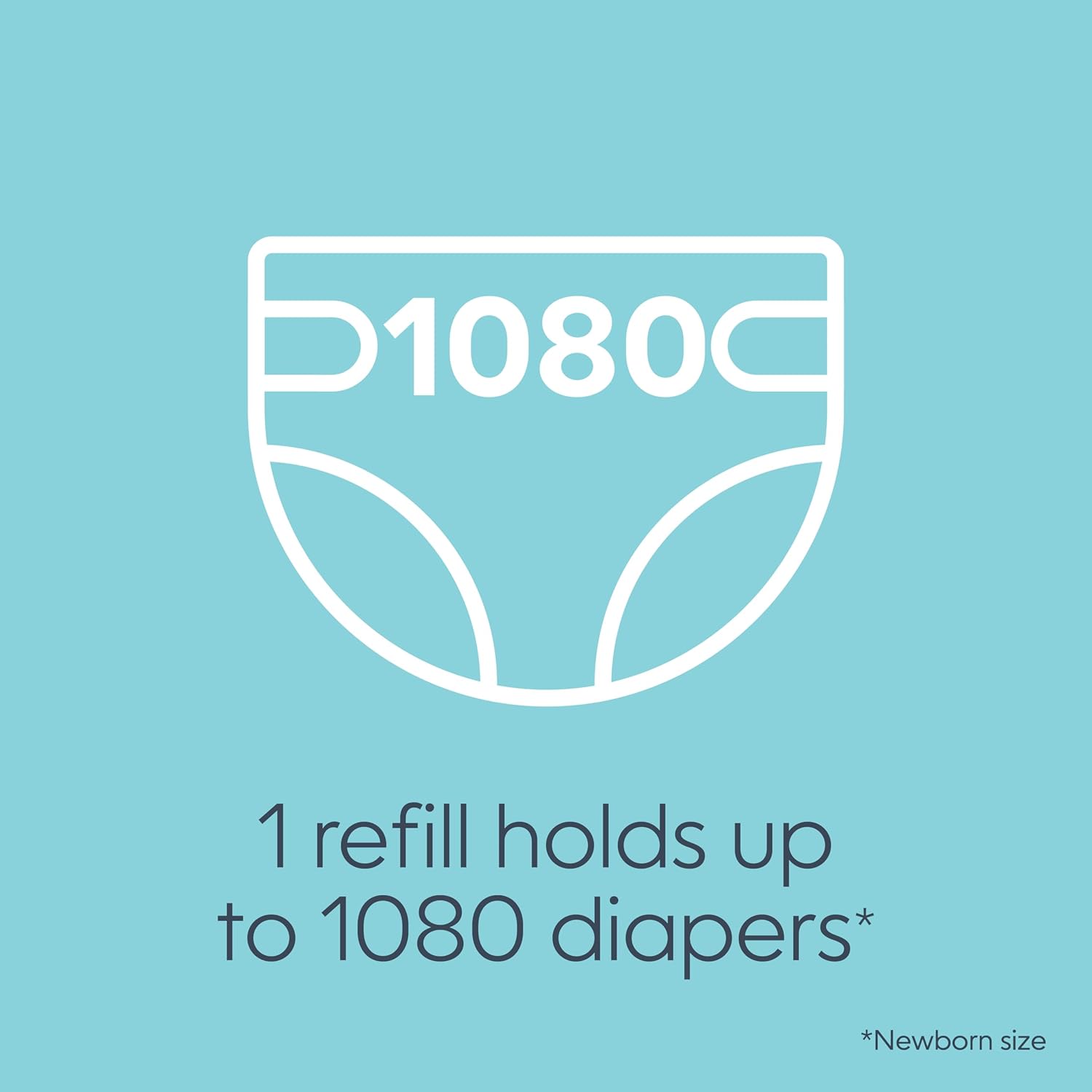 The Diaper Genie Jumbo+ Square Refill, with continuous film, can hold up to 1080 newborn-sized diapers per refill.