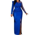thumbnail image 4 of ZQUUVOU Women's Long Sleeve Cocktail Dresses Sheer Mesh Panel Gown Round Neck Pleated Maxi Dress with Belt Elegant Formal Blue, 4 of 8