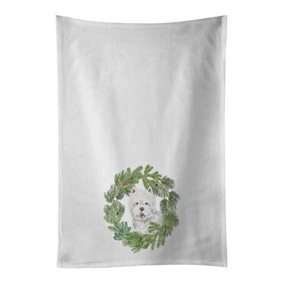 Carolines Treasures CK8889WTKT 28 x 19 in. Unisex West Highland White Terrier Smiling Christmas Wreath White Dish Towels Kitchen Towel - Set of 2