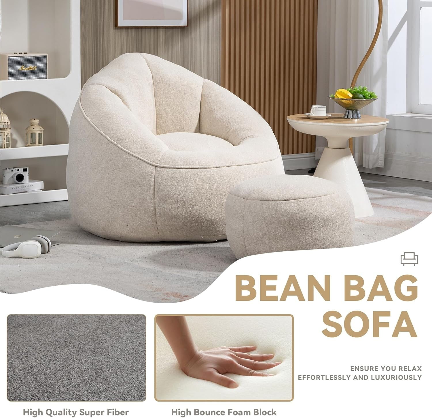 Bean Bag Chair for Adult,Microfiber Upholstered Sofa with Footstool Shell-Shaped Memory Foam Stuffed Lazy Sofa