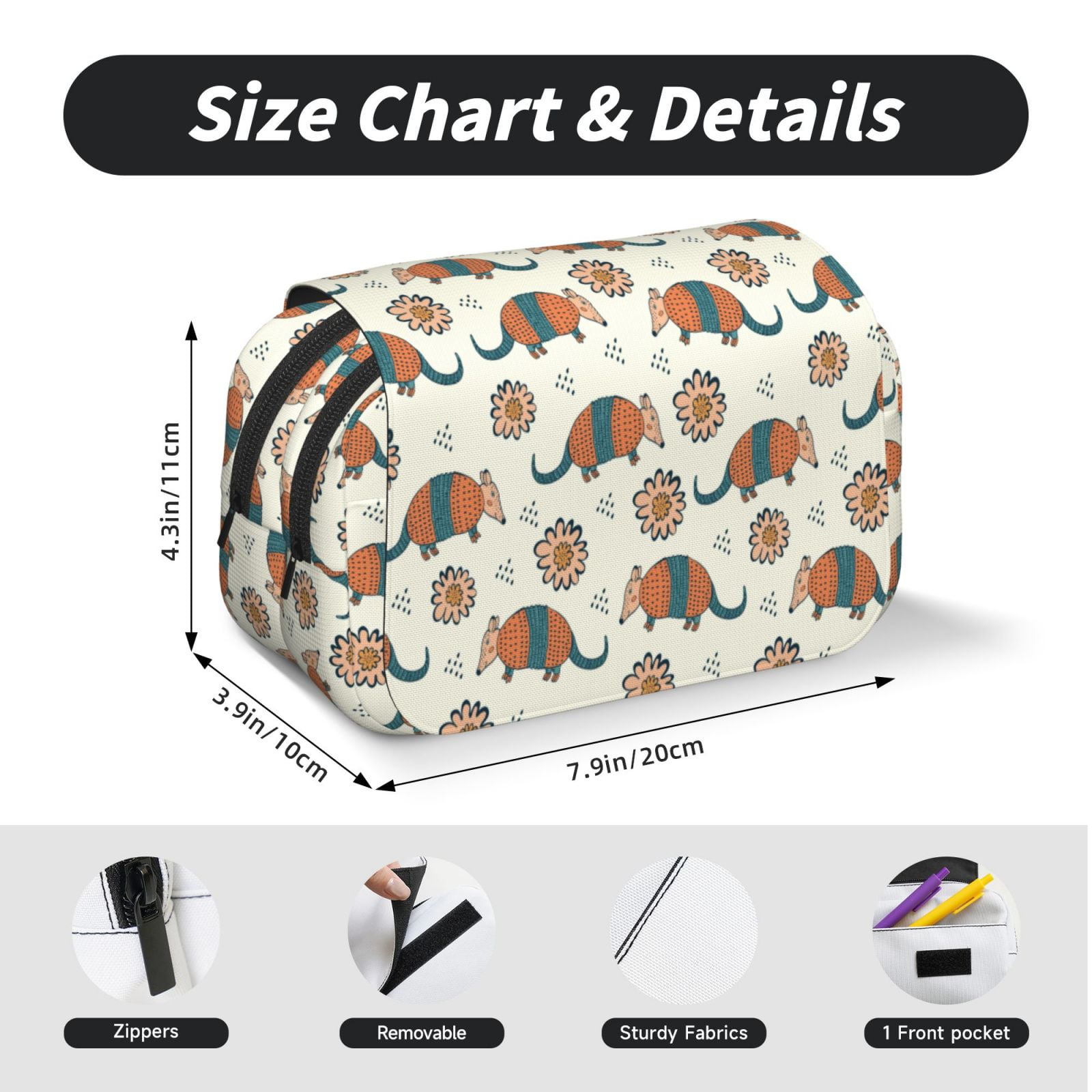 Rateoe Colorful Armadillos1 Pattern Double Clamshell Pen Case, Storage Organizer with Two Zipper Compartments– Holds Up to 50 Pencils & Pens