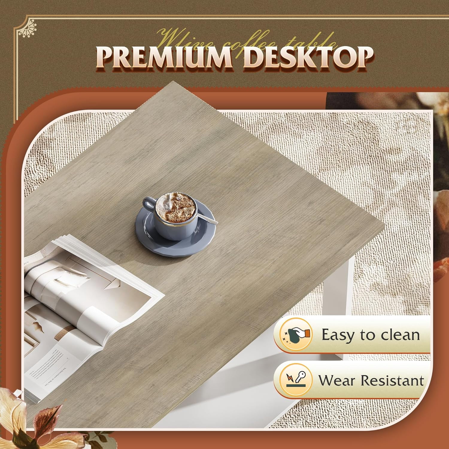 GALAXHERO 39.4" Coffee Table with Storage Shelf Farmhouse Coffee Table with V-Frame Support 2-Tier Wood Rustic Center Table for Living Room, Bedroom & Balcony, Greige & White