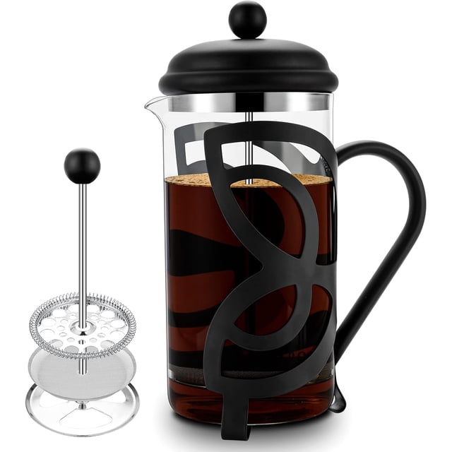 Cafetera de prensa francesa, acero inoxidable de grado 304 y vidrio de borosilicato resistente al calor (1 litro, 34 oz), juego de regalo con cuchara medidora de café y dos filtros, color negro