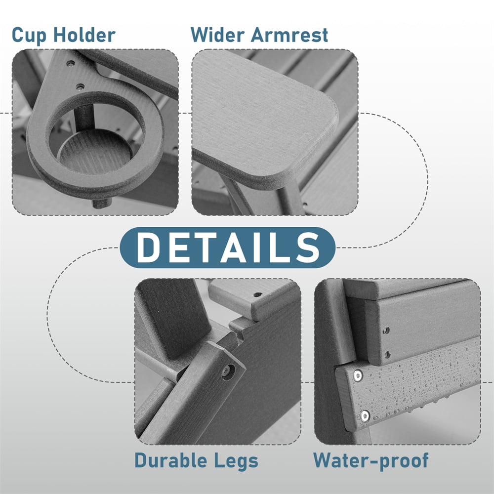 HDPE Folding Adirondack Chair with Cup Holder,Weather-Resistant, Low Maintenance,Supports up to 400lbs,Grey