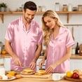 thumbnail image 5 of Couples Matching Pajamas Sets Women Satin Short Sleeve Sleepwear Button Down Casual Wear Pjs Set Baggy Soft Nightwear, 5 of 6