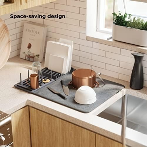 Udry Dish Rack with Movable Pegs and Microfiber Drying Mat – Space-Saving Design Folds Up for Easy Storage, Basic Rack, Dark Grey