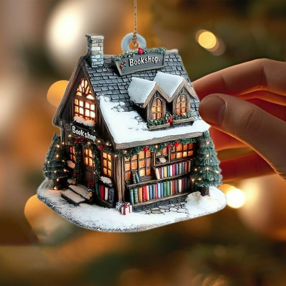 2D Flat Print Acrylic Bookstore Little House Christmas Tree Hanging Home Decor Gift