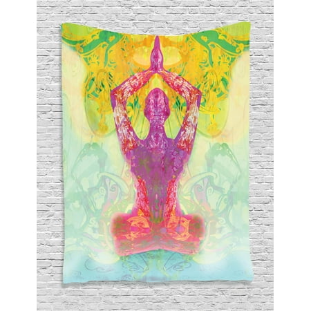 Mystic Tapestry, Men in Meditation Yoga Lotus Position Hands over the Body Inner Peace Motley Image, Wall Hanging for Bedroom Living Room Dorm Decor, Multicolor, by
