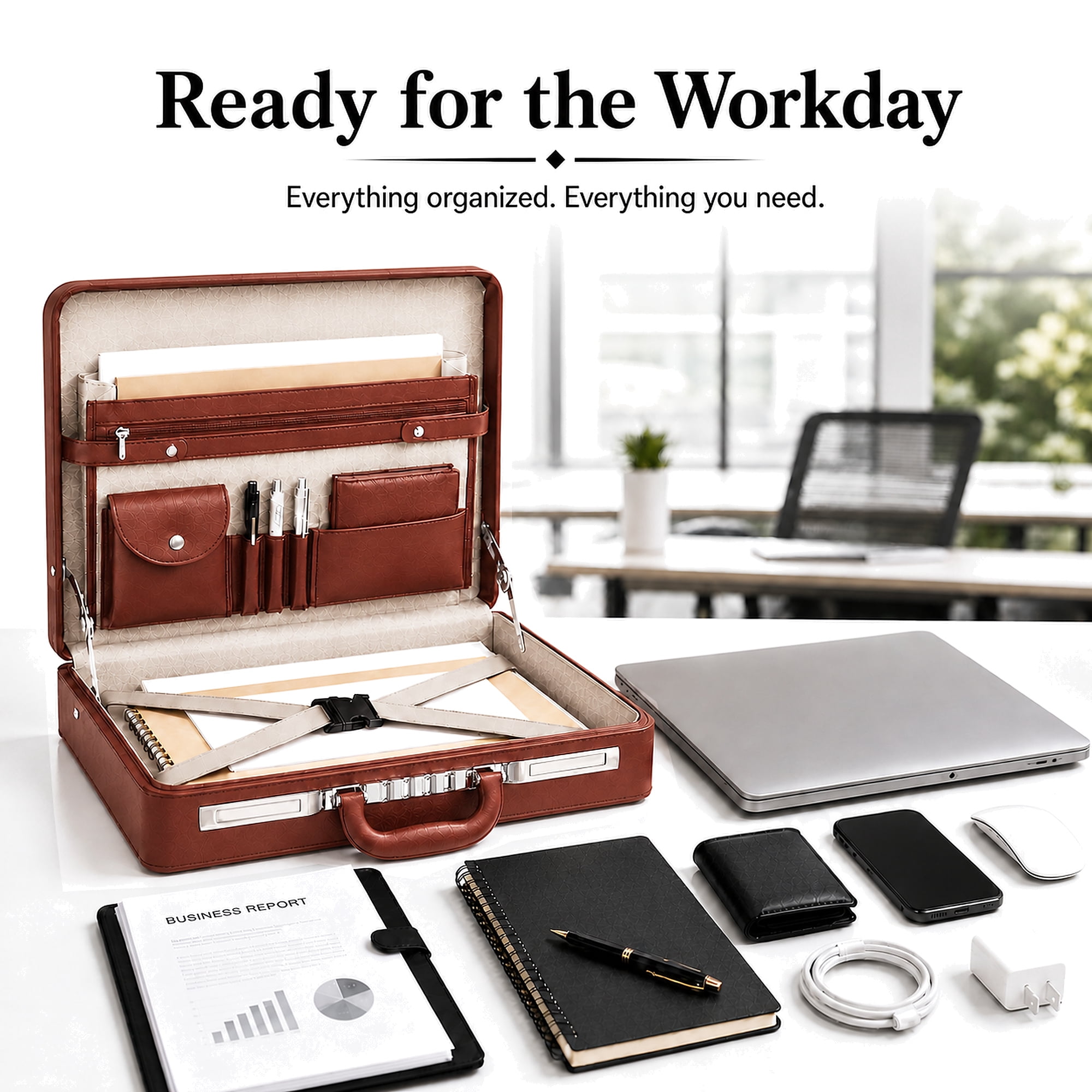 HAESTUS Briefcases for Men, Professional Leather Briefcase with Lock, Hard Shell Business Brief Case, Attache Case for 15.6" Laptop, Mens Hard Briefcase for Work Office Travel, Brown | Center Lock