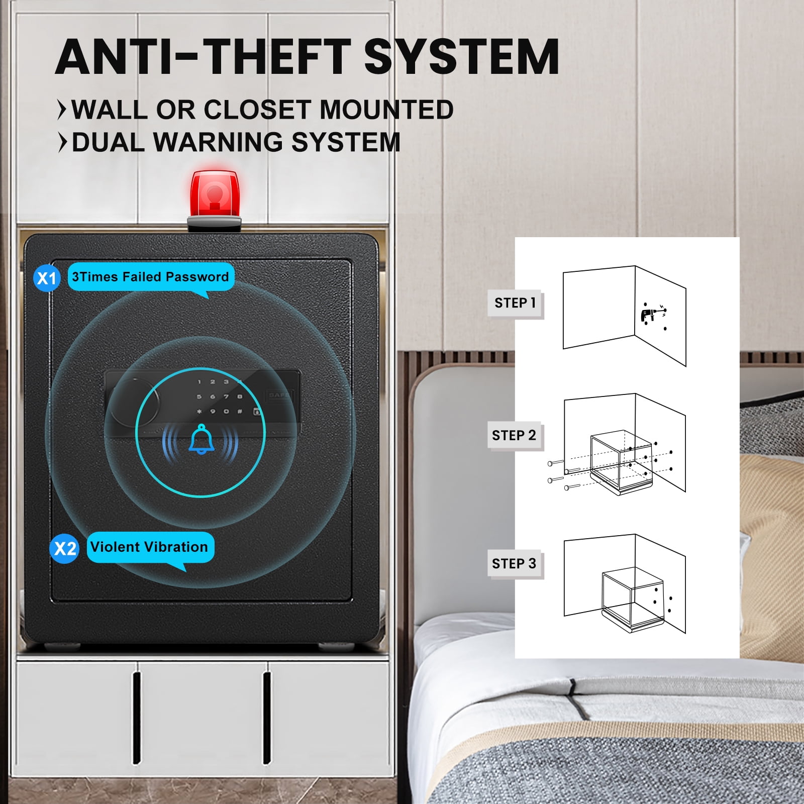 2.0 Cub Safe Box, Digital Home Safe with Two Removable & Adjustable Shelf, Safe for Home with Mute Mode & Dual Alarm, Money Safe Box with 4 Solid Living Bolts and Velvet Interior