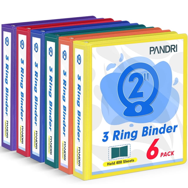 Carpeta de 3 anillas PANDRI de 2 pulgadas con 2 bolsillos, paquete de 6 colores variados