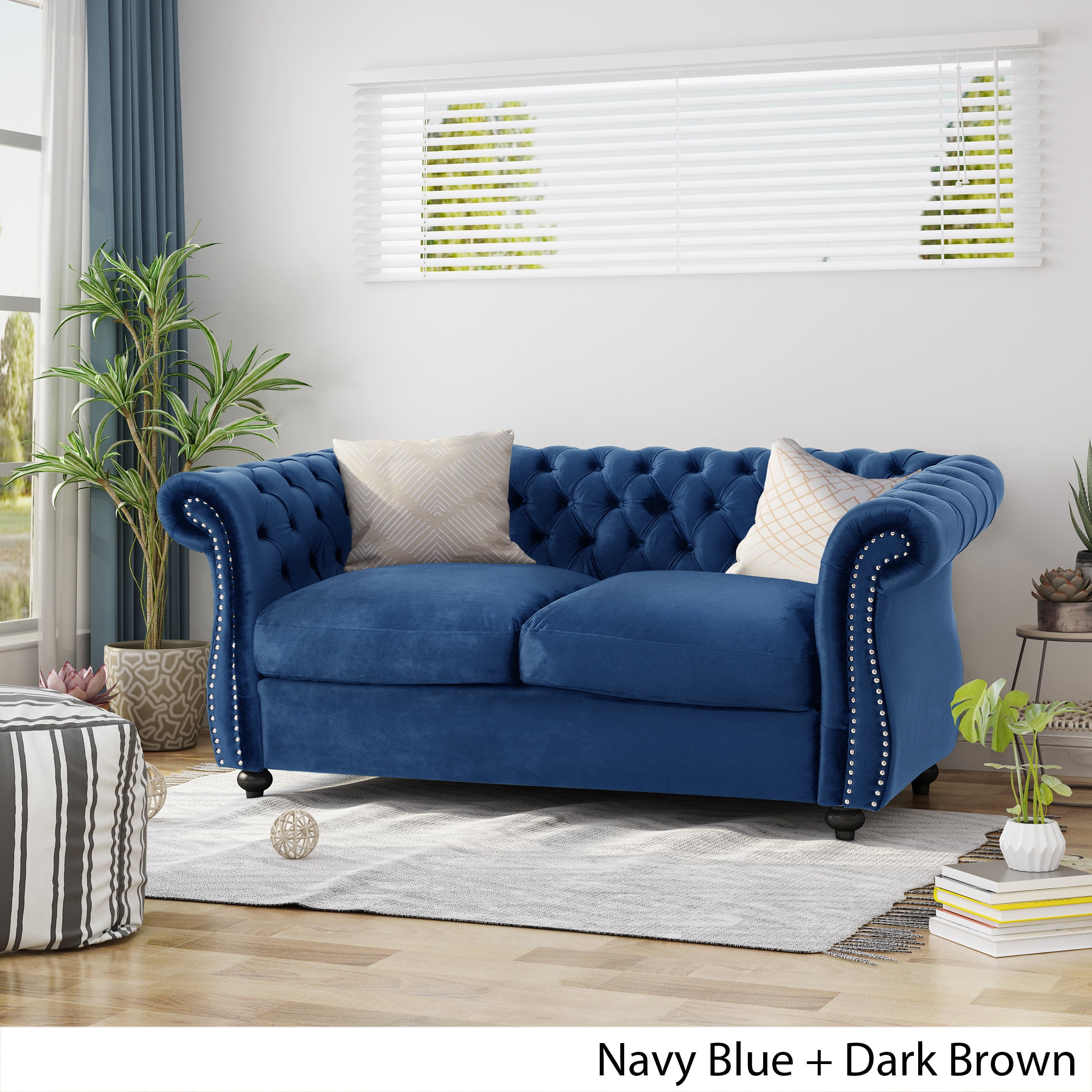 Ember Interiors Aaniya Velvet Chesterfield Loveseat Sofa, Navy Blue