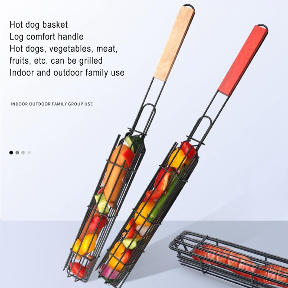Nonstick Kabob Grilling Baskets, BBQ Smoker Rotisserie Basket for Grilling Vegetables, Hot Dog Barbecue Cage Sausage Grill Clip Barbecue Wooden Handle Barbecue Tool Grill Basket Grill - image 3 of 8