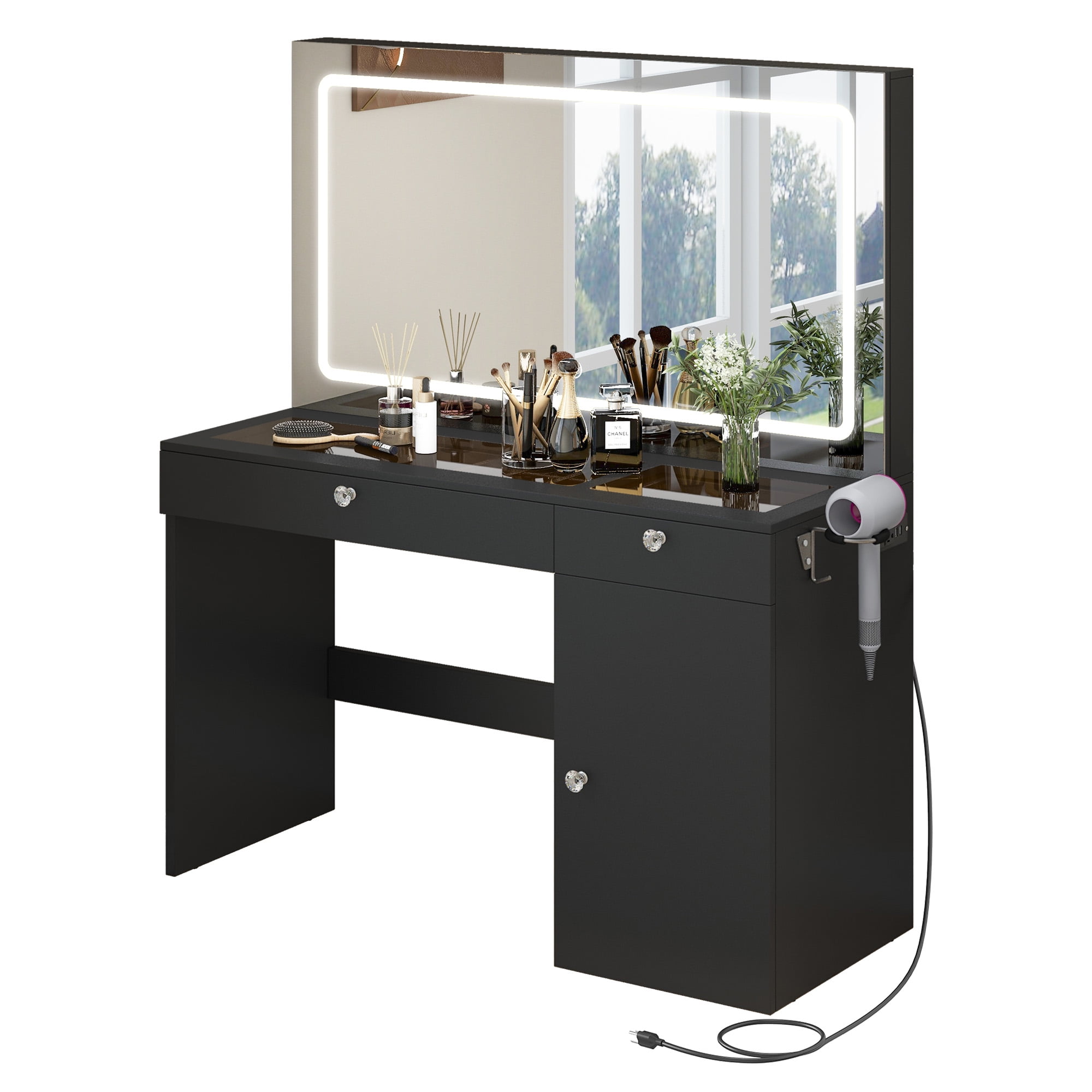 Uforic Modern Vanity Desk with LED Lighted Mirror & Power Outlet, Makeup Vanity Table with Drawers & Cabinet , Bedroom Dressing Vanity with Dividers and Hair Dryer Rack, Black