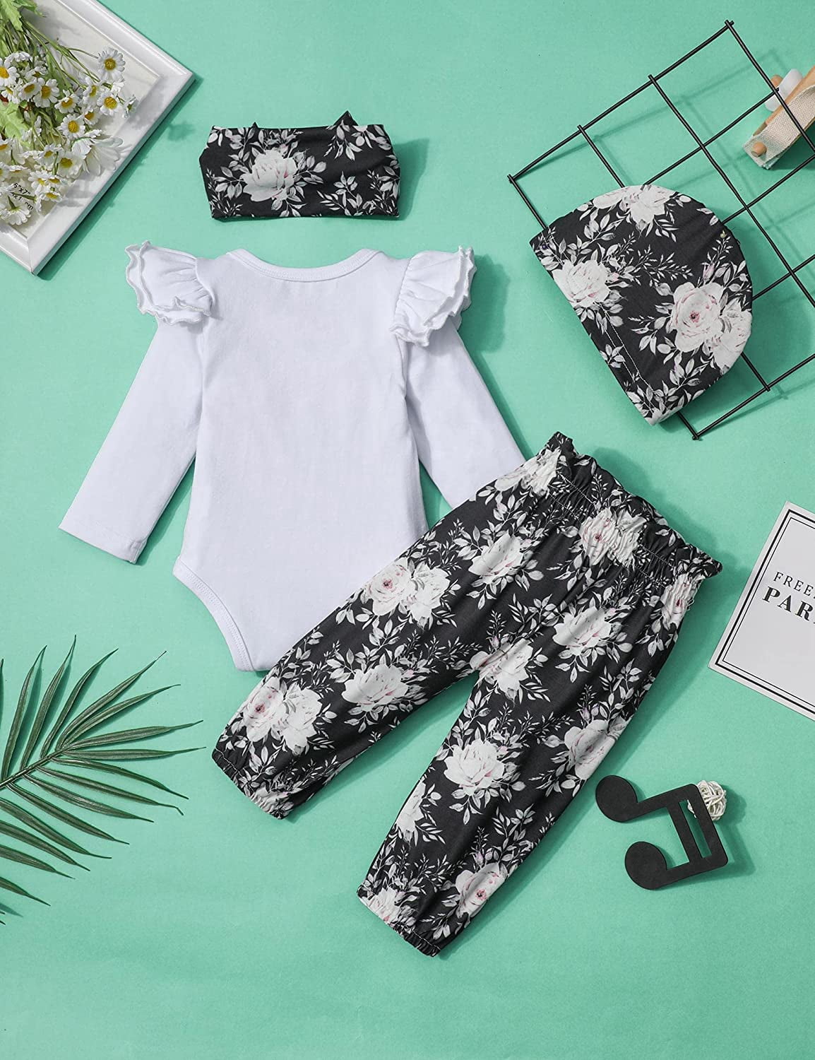 Newborn Infant Baby Girl 4PCS Clothes Romper Pants Set Floral Autumn Outfits Cute Baby Clothes Girl 0-3 Months