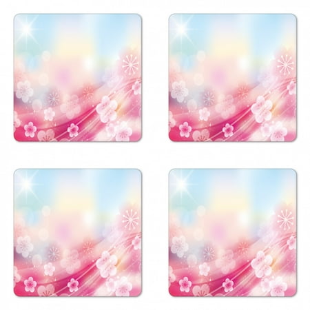 

Modern Coaster Set of 4 Charming Blossoms Flowers Buds Rays Waves Rainbow Ombre Art Print Square Hardboard Gloss Coasters Standard Size Fuchsia White by Ambesonne
