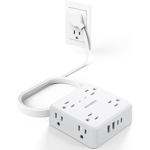 Multicontacto USB C Enchufe Plano, Electrica Regleta de enchufes 1.5 M con 8 Salidas CA y 4 Puertos USB (2 USB C), protección de 1700 Julios para el hogar, Elementos Esenciales de la Oficina