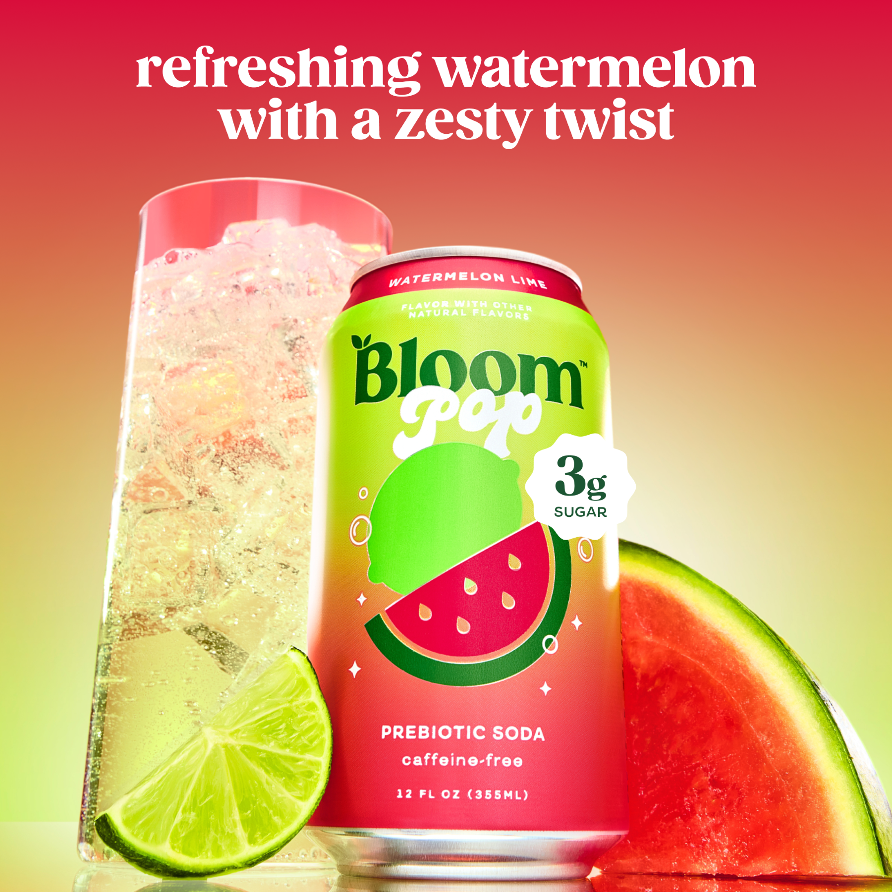 (12 pack) Bloom Nutrition Pop Prebiotic Soda, Watermelon Lime, 12 fl oz Can