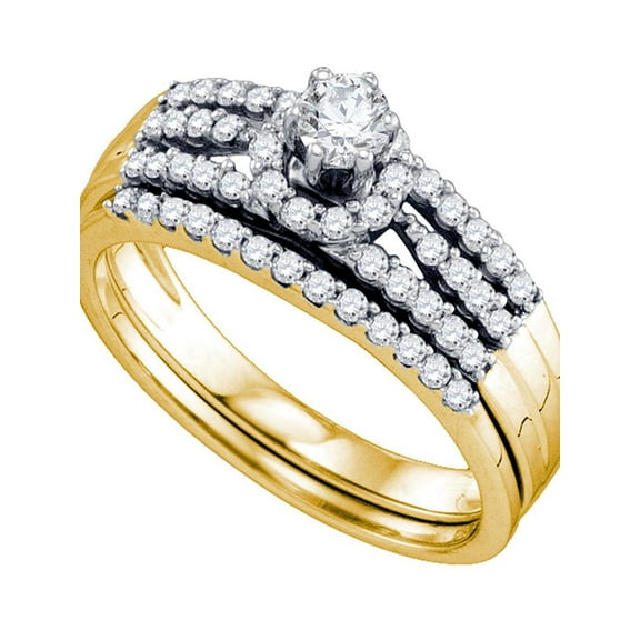 14k Yellow Gold Womens Round Diamond Halo Bridal Wedding Engagement Ring Band Set 1/2 Cttw