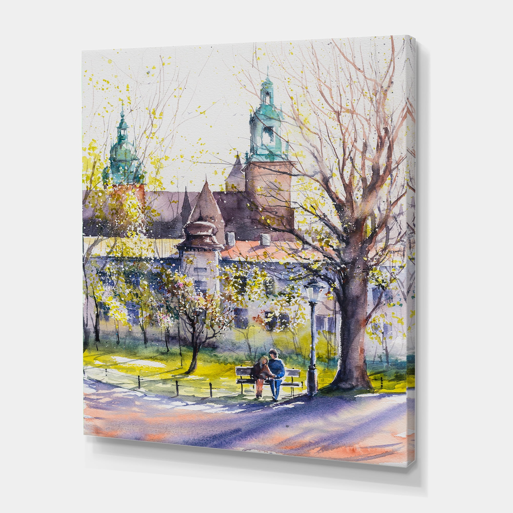 Castel Through The Trees of The Park With Couple Sitting on Bench 8 in x 12 in Painting Canvas Art Print, by Designart