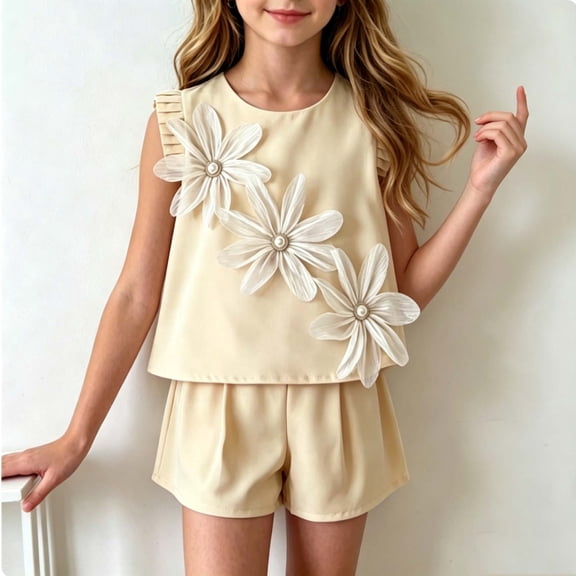 Mifsaly Girls Summer Elegant Outfits Sets Sleeveless 3D Floral Applique Tank Tops and Pleated Flowy Shorts Kids Party Boutique Holiday Cute Clothes