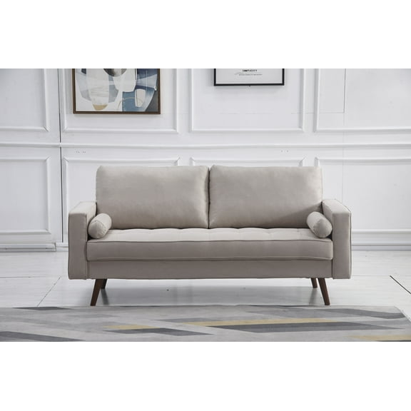 Beige Stationary Fabric Tufted Seat Sofa with Arm Pillows