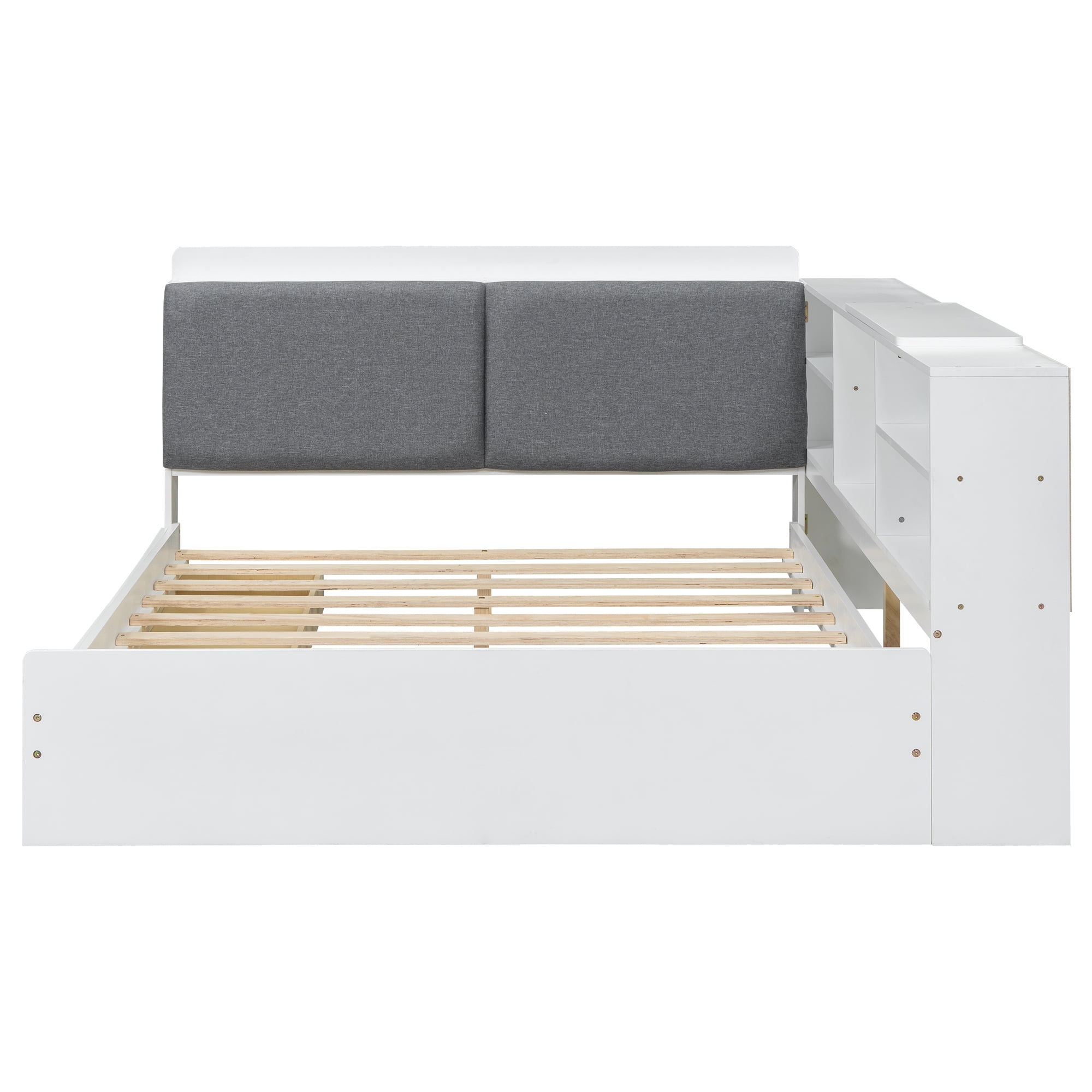 Euroco Wood Full Size Platform Bed with Storage Headboard and Drawers, Movable Shelves, White