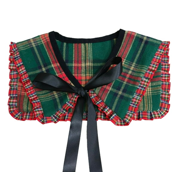 Vintage Plaids Neckline Capelet for Women Bows Tie Decorative False Collar Shawl