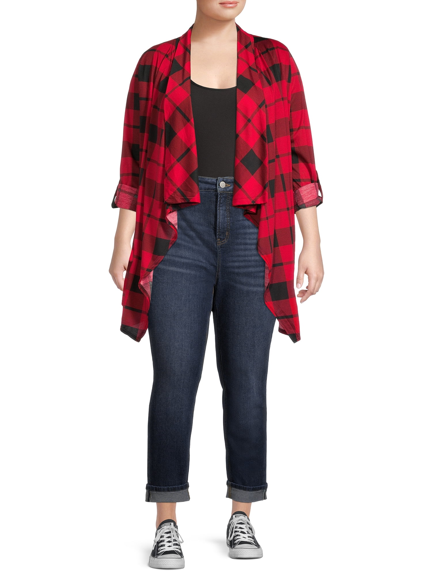 New York Laundry Women's Plus Size Roll Tab Sleeve Drape Cardigan