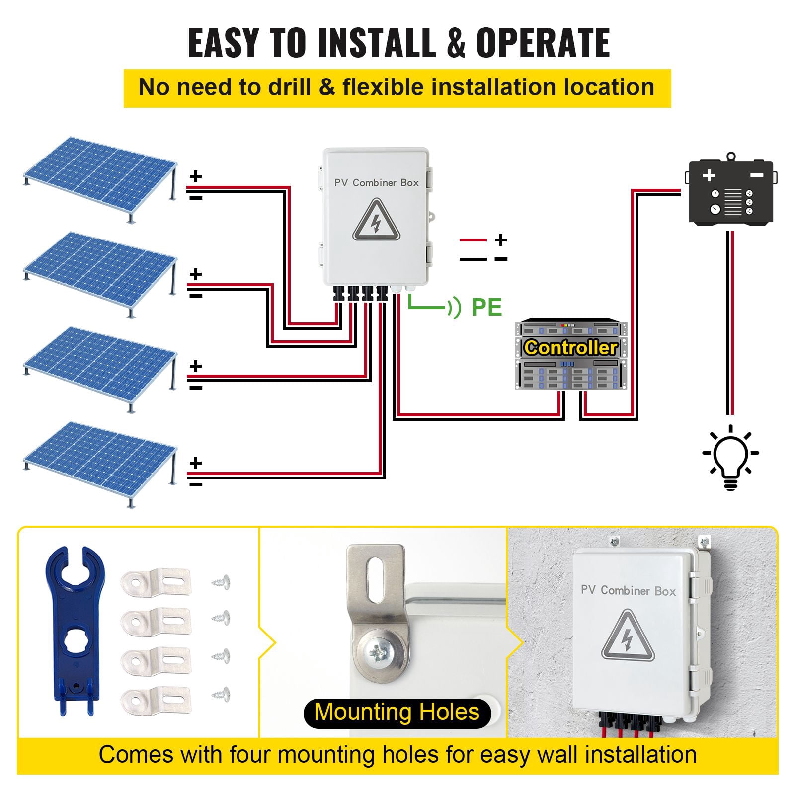 PV Combiner Box 4 String 15A DC Fuses 63A Circuit Breaker IP65 for Solar Panel System