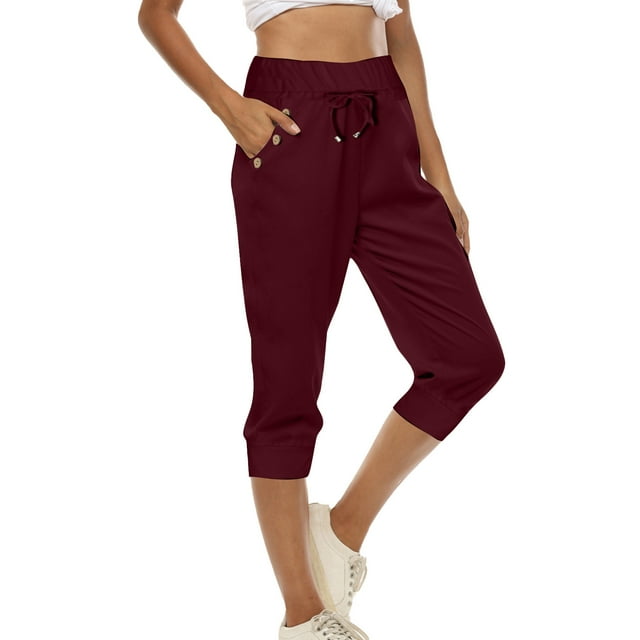 Summer Clearance! Womens Plus Size Pants,Summer Pants for Womens,Womens Casual Tight High Waisted Drawstring Button Pocket Cropped Pants