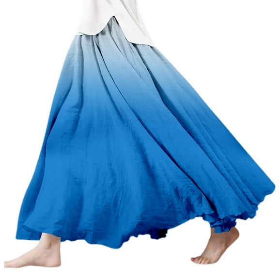 Women's Skirts Summer Printed Linen Wrap Skirt Elastic Waist A Line Boho Flowy Long Maxi Summer Clothes for Women Blue L