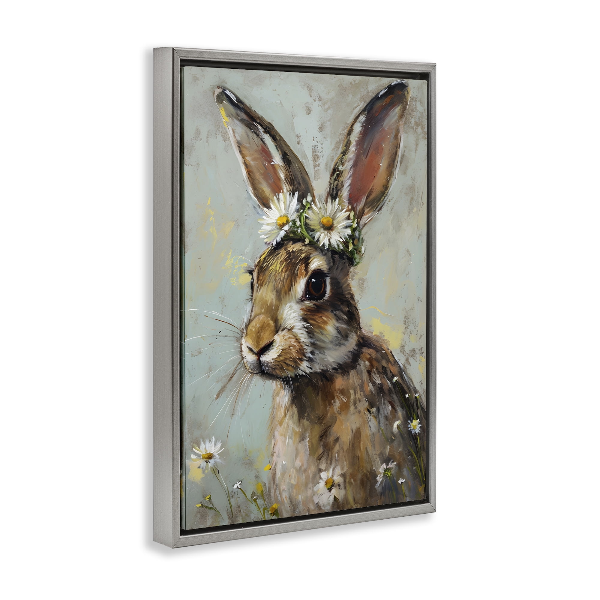 Stupell Industries Bunny & Daisy Crown Animals & Insects Painting Gray Floater Framed Canvas Art Print Wall Art, 17 x 25