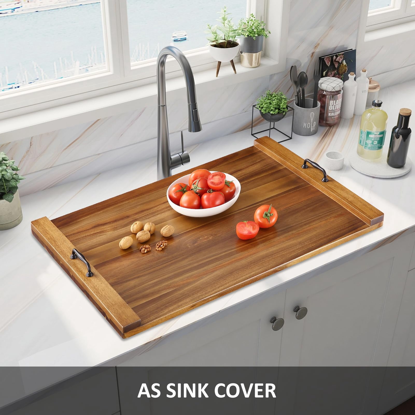 TROPOW 30 x 22 Inch Acacia Wood Noodle Board - Stove Top Cover with Handles, Electric & Gas Stove Compatible, Counter & RV Use, Decorative Tray