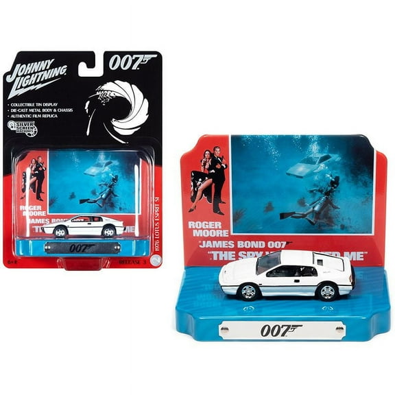 1976 Lotus Esprit S1 White with Collectible Tin Display 007 (James Bond) The Spy Who Loved Me (1977) Movie (10th in the James Bond Series) 1/64 Diecast Model Car by Johnny Lightning