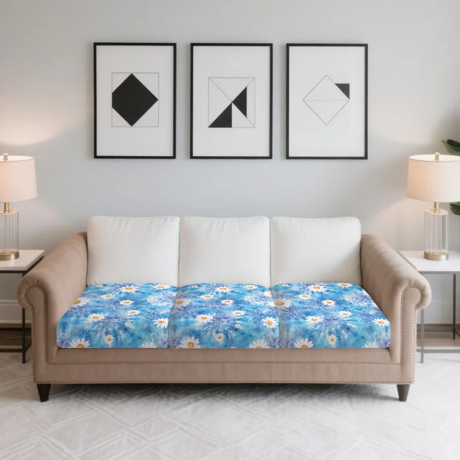Xoenoiee Boho Mandala Daisy Flower Print Couch Cushion Covers, Soft Sofa Seat Covers for Sectional 3 Cushion Couch, Washable Sofa Slipcover with Elastic Bottom, Non-Slip Furniture Protector for Pets