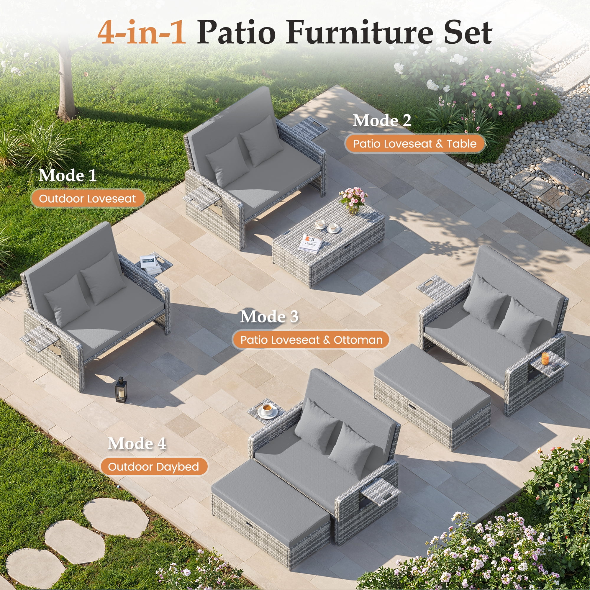 POTEBAN Wicker Outdoor Daybed-Outdoor Loveseat with Storage Ottoman, 4-Level Adjustable Backrest & Cushions for Balcony, Garden, Poolside (Gray)