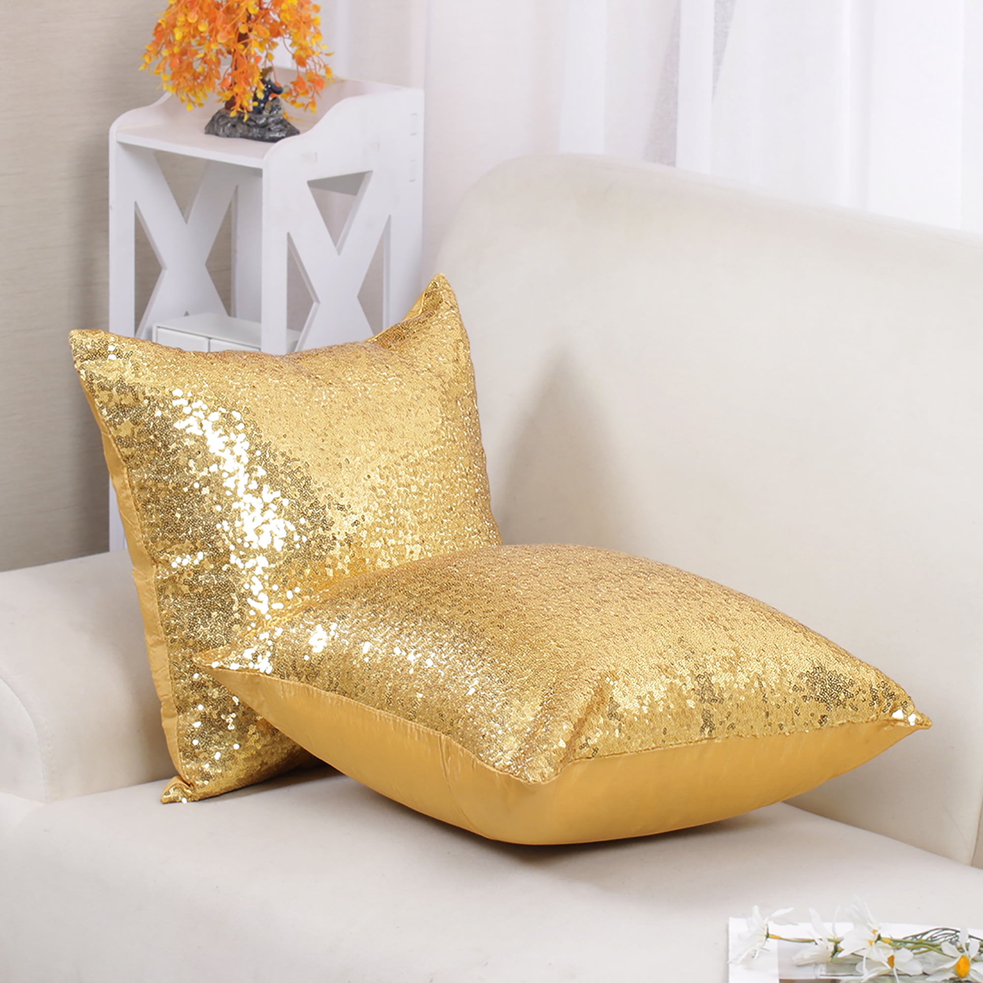 Golden Sparkle Bling Sequins 18x18 inch Decorative Pillow Cover Silk Gold 