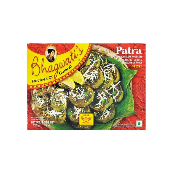BHAGWATI'S PATRA, Spiced, leafy roulade sauteed to a soft texture and garnished with shredded coconut and fresh coriander.Ingredients: water, chickpea flour, arvi leaves, corn oil, sugar, tamarind, spices, salt, mustard seeds, sesame seeds, coriander leaves, shredded coconut, green chilli, turmeric, curry leaves, cit